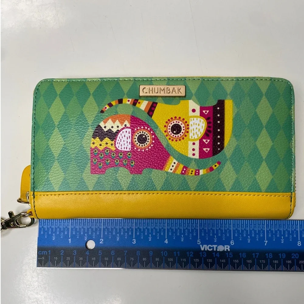 Chumbak Wristlet Wallet‎ Womens Green Yellow Elephant Zip Around Boho Chic